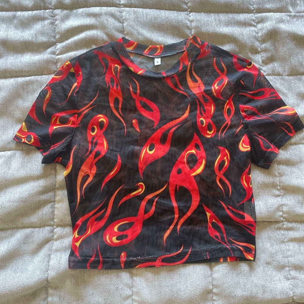 Mesh fire print crop top